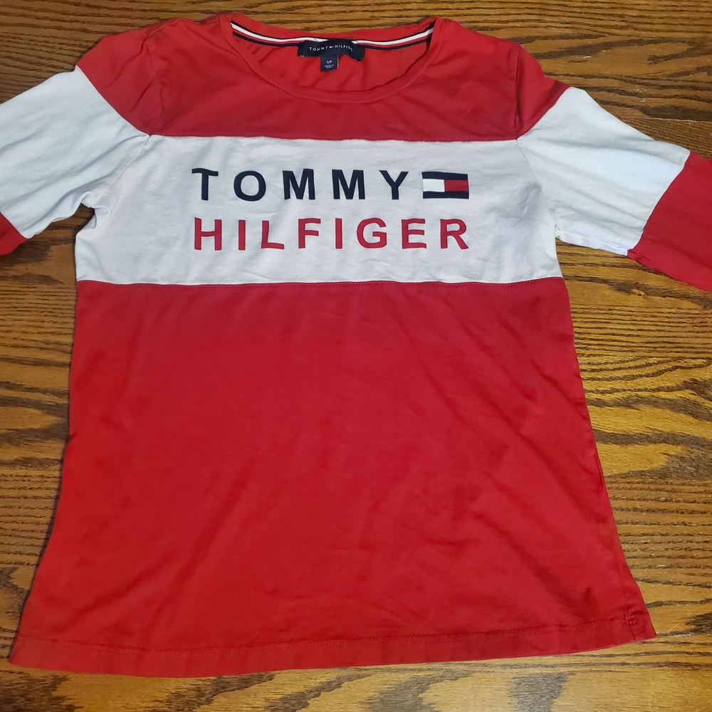Tommy Hilfiger Womens Red and White Long Sleeve Tee